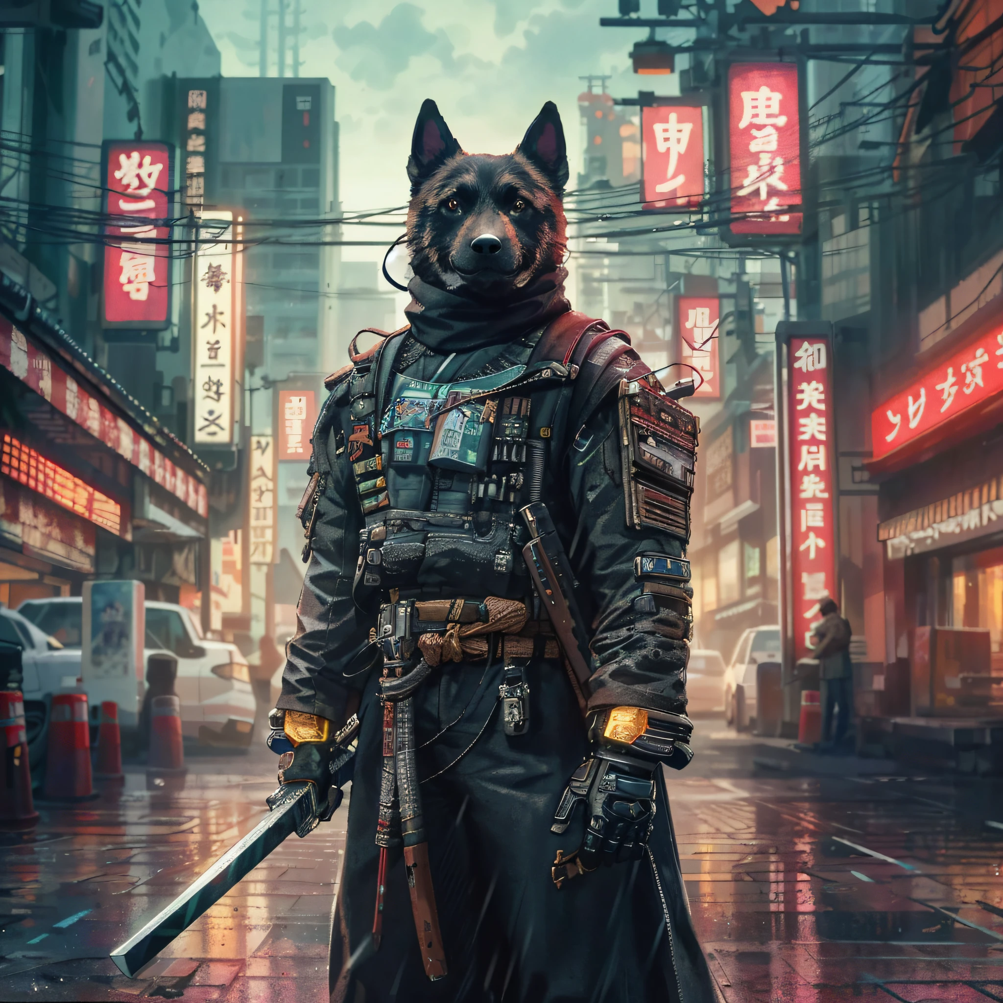cachorro arafado em uma roupa de couro com uma espada em uma cidade, samurai ciberpunk, samurai urbano, portrait of a samurai ciberpunk, very beautiful samurai ciberpunk, anime foda 8k, samurai de rua, wojtek fus, capanga de rua cyberpunk, no estilo cyberpunk, estilo cyberpunk hiper-realista, estilo de arte cyberpunk, tem estilo cyberpunk, no estilo de beeple, na cidade cyberpunk
