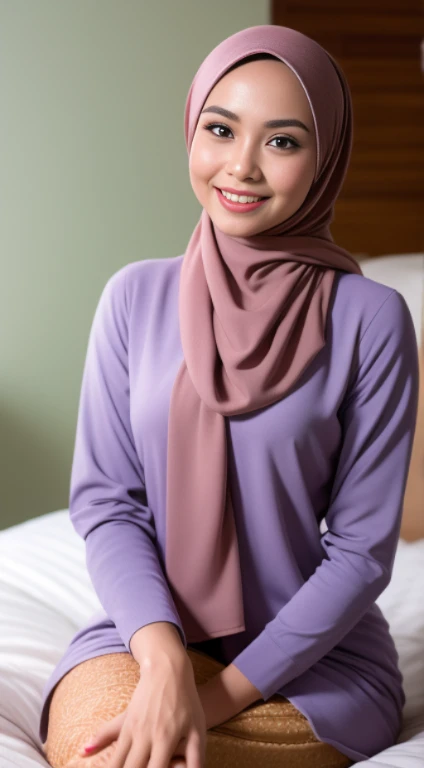 Malay girl in hijab wear baju kurung, pastel color, kneeling in bed, front view, detail skin, detail skin texture, mole below eyes, small breast, medium hip, big waist, small thigh, slim abs, beautiful body, evening, laughing, happy, bright lighting, blur background, bokeh,