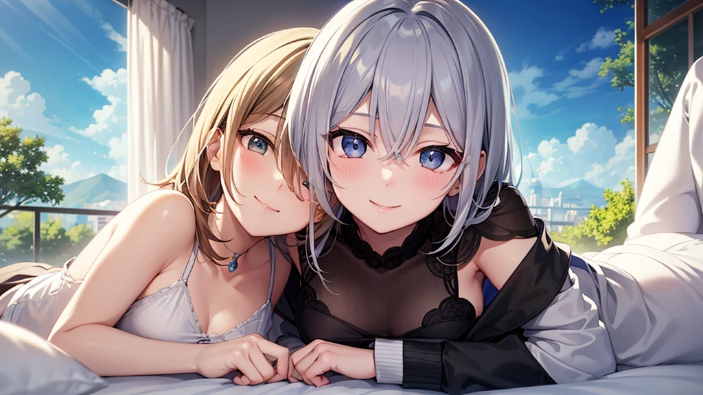 super high quality, girl, 20-year-old, とてもshort hair, long bangs between the eyes, very detailed,(masterpiece、highest quality)、alone、dark grey, silver hair, gray eyes, beautiful eyes,、short hair,blue sky , sunlight,fantasy landscape,smile、I can see your chest、white pajamas、inside the room、sleep in bed