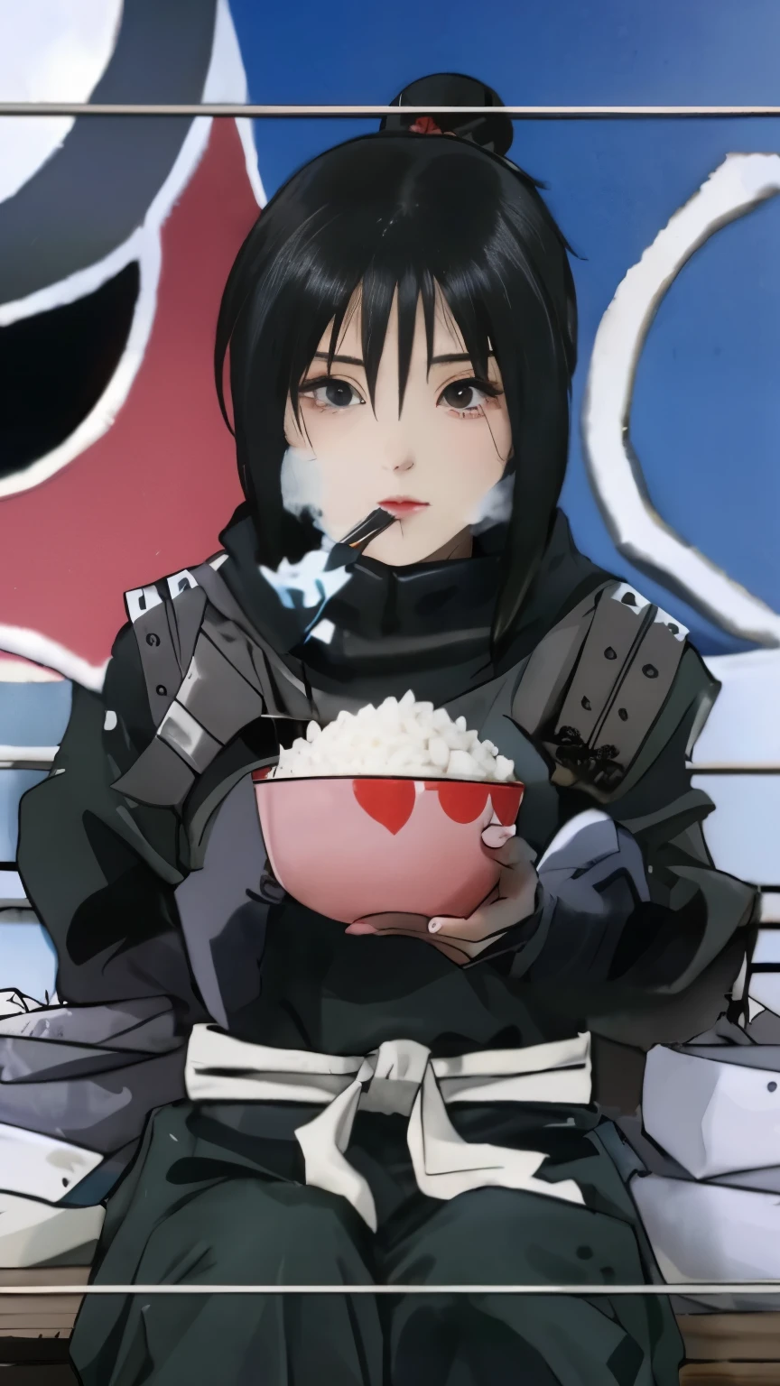 anime character sitting on a bench eating rice with a red and white background, sasuke uchiha, itatchi uchiha, itachi uchiha, yuyushiki, from naruto, itachi, anime food, okata kazuto, tanjiro kamado, sougetsu, akatsuki akira, tsukasa dokite, hinata hyuga， Lan Fang，long black hair，Fullmetal Alchemist，female killer，black hanfu，female ninja，Black clotheaid，黑色长发female killer，female retainer，黑发female ninja，long black hair女生，female warrior，woman samurai，female ninja，Beautiful girl，Girls with bun hair，Girls with bun hair，Girls with bun hair