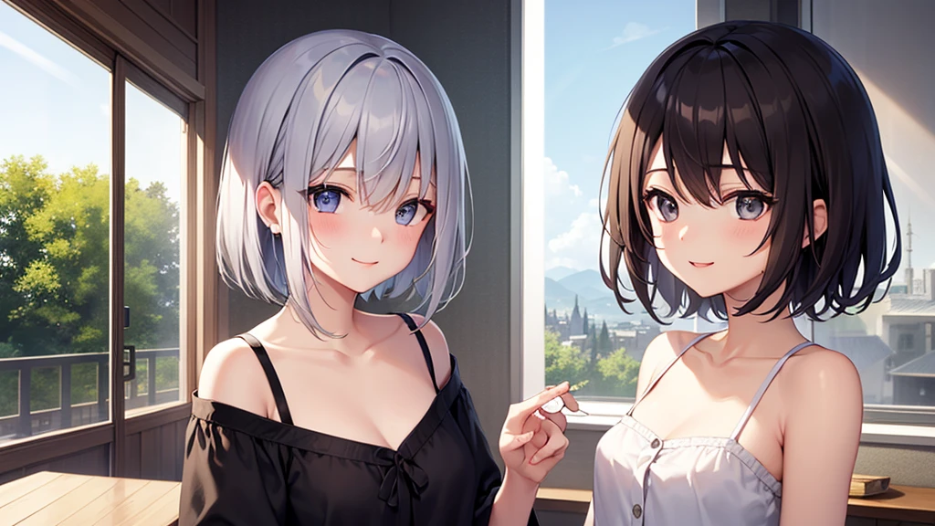 super high quality, girl, 20-year-old, とてもshort hair, long bangs between the eyes, very detailed,(masterpiece、highest quality)、alone、dark grey, silver hair, gray eyes, beautiful eyes,、short hair,blue sky , sunlight,fantasy landscape,smile、I can see your chest、pajamas、inside the room、sleep in bed、upward glance