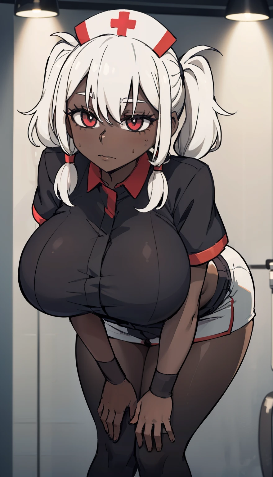 SFW, ((white hair pigtails, pitch black skin)), (leaning forward, nurse), (gigantic breasts, huge breasts, Big breasts) , firm breasts , tall girl, slim waist, curvy figure