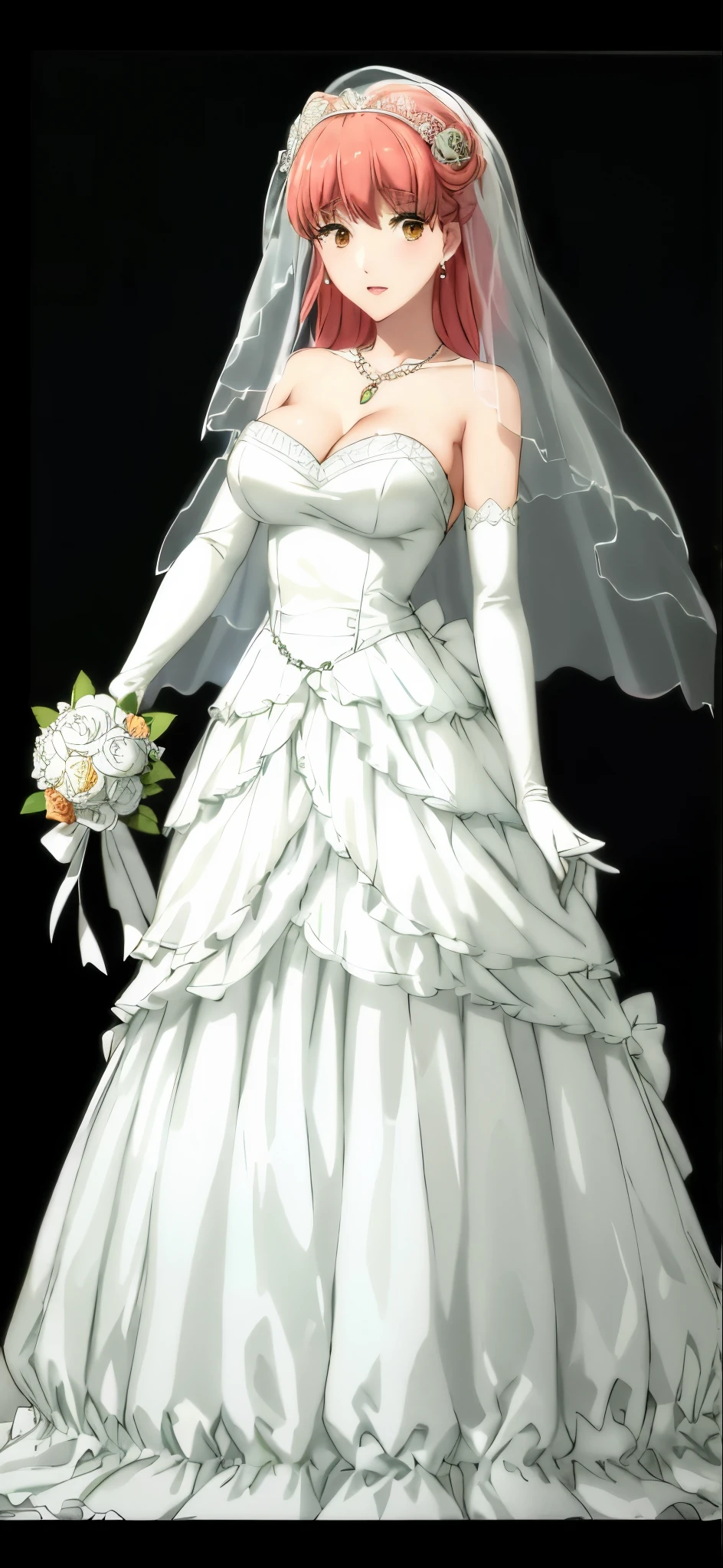  Close-up of beautiful bride wearing beautiful wedding dress,Gurwitz,(bridal veil:1.5），（Transparent short veil：1.5），Blushing face，Head flower，headgear，（tube top wedding dress：1.5），（Silk dress：1.2）,（Strapless wedding dress：1.5）,pure white dress，necklace，earrings，(large breasts:1.3)，Deep V peach heart collar wedding dresangs，lipstick，（lace gloves：1.3）,whole body照,High detail RAW color art,Long white dress，whole body，Place your hands behind your back，