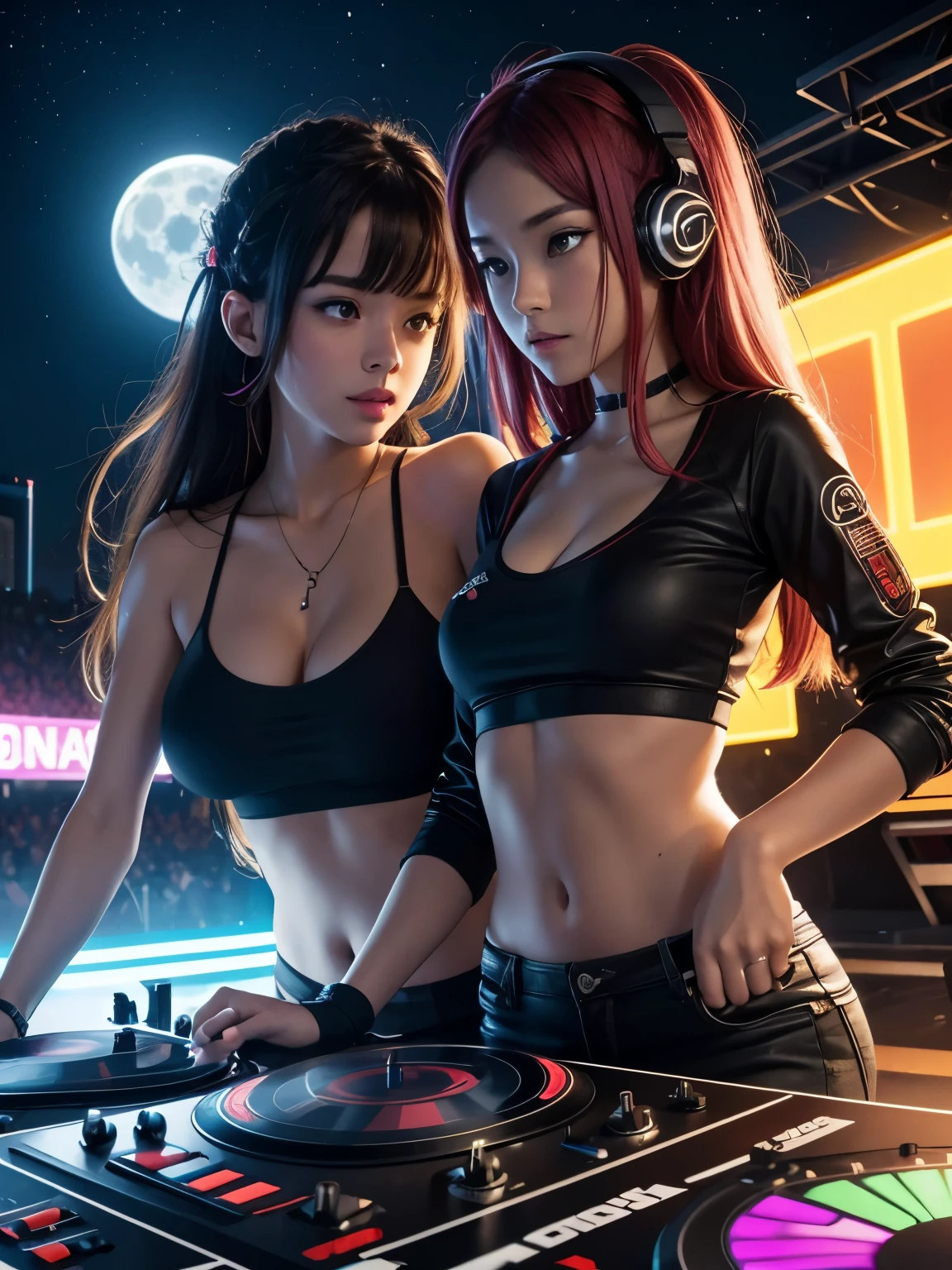 ((best quality)), (high detail), (official art), (2girls), DJ mixing vinyl records, (good vibes), LED headphones, (high energy), music festival), (Artist), music notes in the air, (action pose), vibrating beats, neon amber eyes, full moon dance party, HDR, 4K, 3D