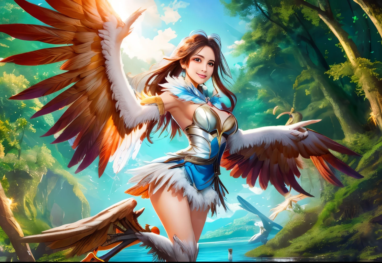 Masterpieces of the highest quality,insanely detailed.hyper real, cowboy shot, (harpy), (Winged arms), (harpycpt, Winged arms, harpy, bird&#39;s feet, heels), she is smiling. There is a feather on the head。 in the Mori. The sun is shining.  1 girl, topless, Shorts made with real feathers, Mori, lake, Let me shine