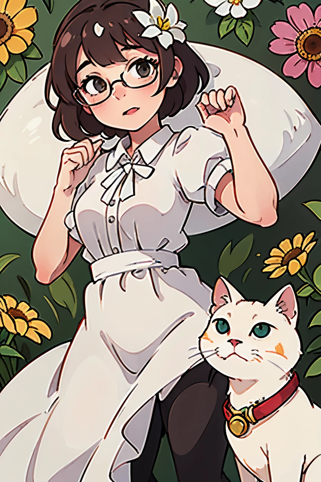 short head glasses girl in white dress hugging white cat in the pink flower garden