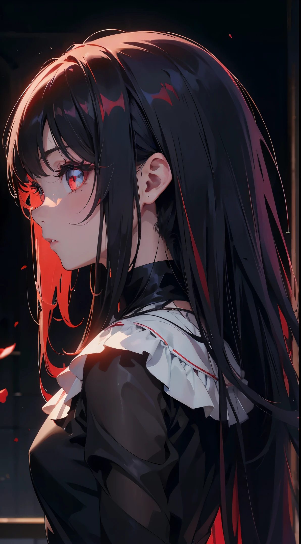 (Best Quality,4K,High resolution), 18yo woman, Red mesh hair on black hair, Shiny long straight hair, Innocence,sharp eye、red eyes、small nose、eye liner、 Luxury Black Silk Babydoll、Lonely face、Shoku、profile、slenderbody、Comical appearance,comic strip,animesque,Deformed cute illustration、Delicately expresses realistic skin texture、Muscle texture reproduction、Knife Art