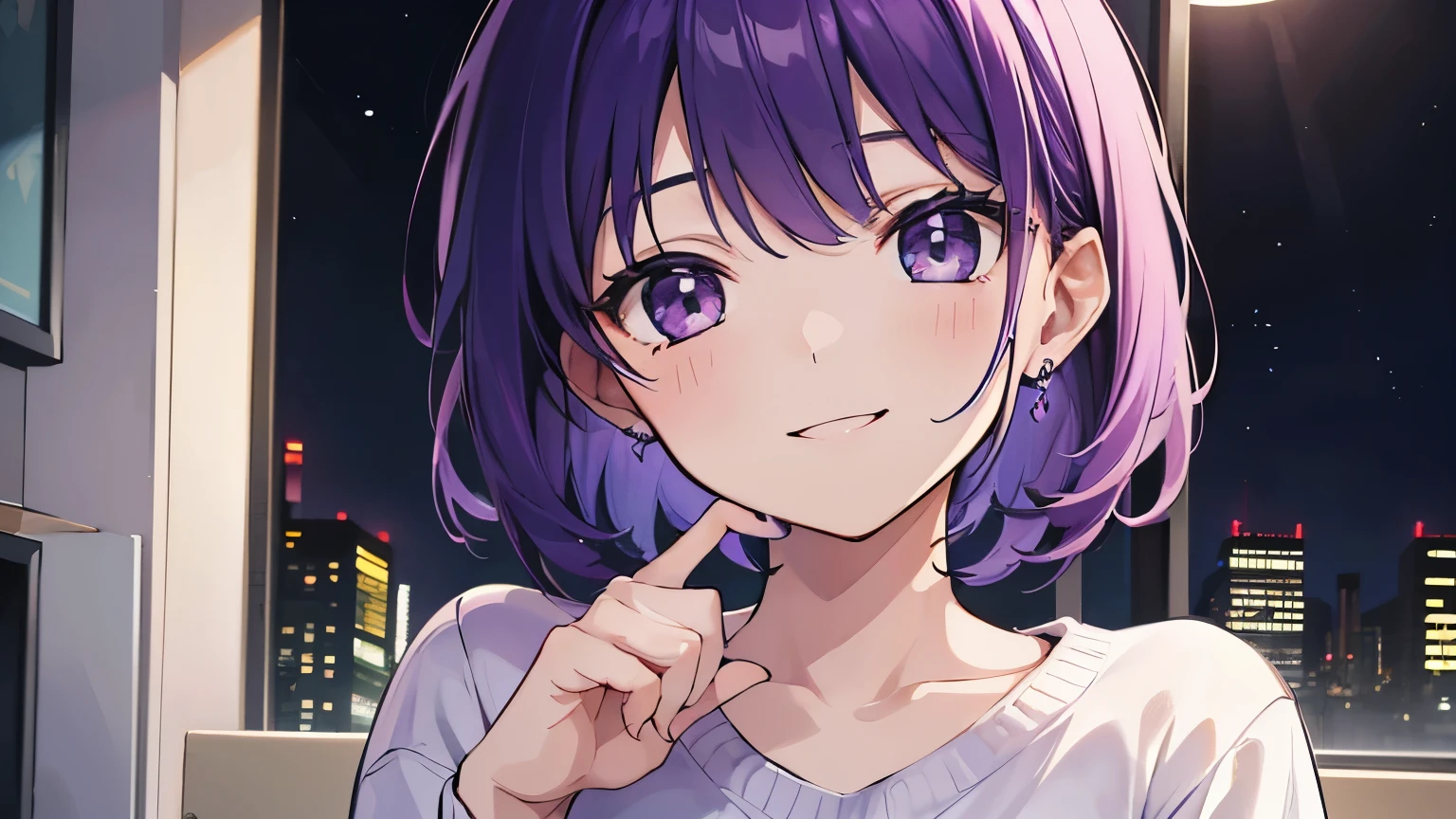(T Masterpiece,4k wallpaper,best quality))、((girl1people))、(solo)、Brilliant,(purple hair)、(shortcut:1.3)、close up of face、smile、Bedroom、night、sweater