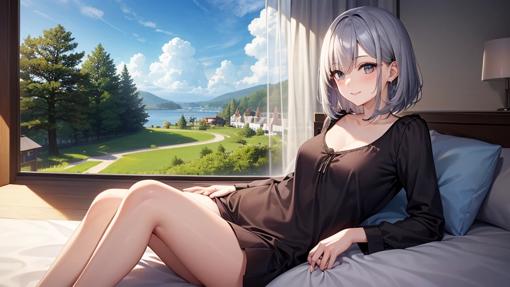 super high quality, girl, 20-year-old, とてもshort hair, long bangs between the eyes, very detailed,(masterpiece、highest quality)、alone、dark grey, silver hair, gray eyes, beautiful eyes,、short hair,blue sky , sunlight,Fantasy landscapes,smile、I can see your chest、pajamas、inside the room、sleep in bed
