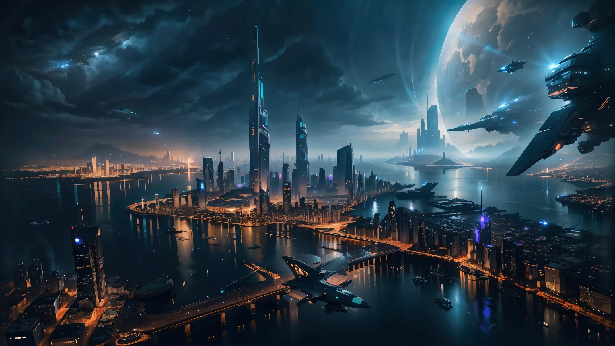 Night view seen from an airplane,future city:1.3,port,flying spaceship,skyscraper,master piece,highest quality,ultra high resolution,Super detailed,8K,photorealistic,best aesthetic,beautiful