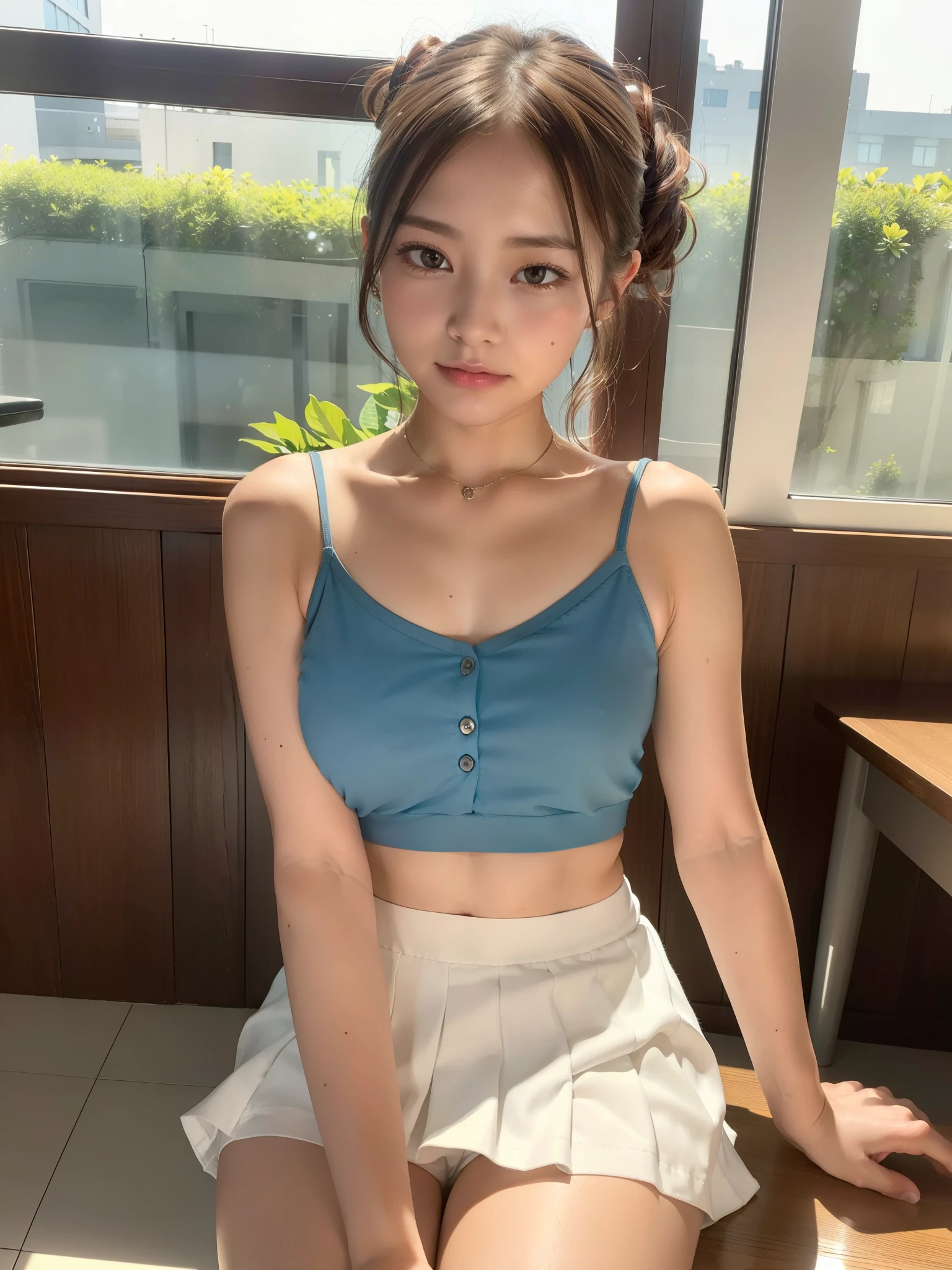 (camisole, mini-skirt, thigh: 1.4), Small breasts, flat chest, (Sitting, spread legs: 1.2), ((of the highest quality, 8K, masutepiece: 1.3, Raw photo)), Sharp Focus: 1.2, (1 AESPA Girl :1.1), (Solo: 1.12), (Realistic, Photorealistic: 1.37), (Face Focus: 1.1), Cute face, hyperdetailed face, Short messy hair, updo, classroom, flower,