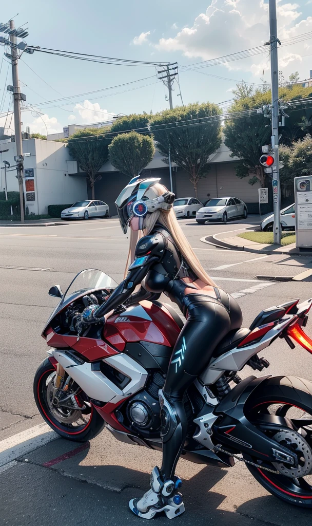 Sexy Cyber Warrior，Long flowing blonde hair，White cyberpunk high-tech mech costume，White cyberpunk faceless helmet，BiomechanicalSHN Robot Woman，High-tech helmet，hyper realisitc， Steel， Complex design， insanely detailinely detailled， Extremely clear lines， cinmatic lighting， photograph realistic， A detailed masterpiece