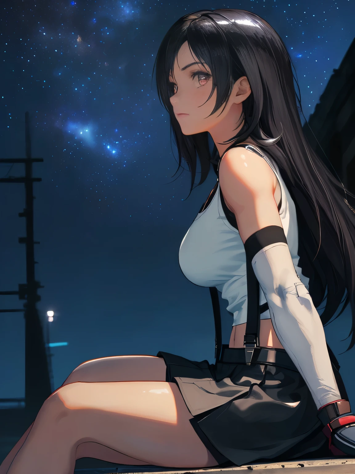 8k,masterpiece, bset quality,big, (1 girl), tifa lockhart, red_eyes, black hair, long hair, (shiny skin: 1.2), shiny big, (((best quality)), crisp focus: 1.2, highly detailed face and skin texture, detailed eyes, perfect face, perfect body, art, cg, blur background, big with presence, 20yo, mature cool and beautiful face, wearing ((suspender black skirt), black elbow gloves, white taut shirt, thigh, white tank top), blushing, lively pose, (mittgal), sitting and looking at night sky, looking up, side view,