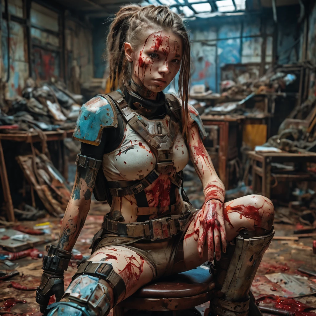 VaultGirl at the front line of the battle against the mutant monsters that evolved after the nuclear and biological apocalypse. Beautiful hyperrealistic photograph of a perfect likeness of SandraOv4 with Runic tattoos, 13 years old, ((dirty face Blood splattered)), (((wearing full heavy mecha armor, combat harness, Neon highlights))) dark brown Dreadlocks, (((sitting in chair pose))), (((laying on the floor are the bloodied slain bodies of mutant humanoid monstors))), interior of Military Facility background,  Camo netting, Ammo Boxes abstract beauty, near perfection, pure form, Golden Ratio, concept art, By Brian Froud and Carne Griffiths and Wadim Kashin, intricate detail, 8k post-production, High resolution, super Detail, trending on ArtStation, sharp focus, studio photos, intricate detail, Very detailed, By Greg Rutkowski