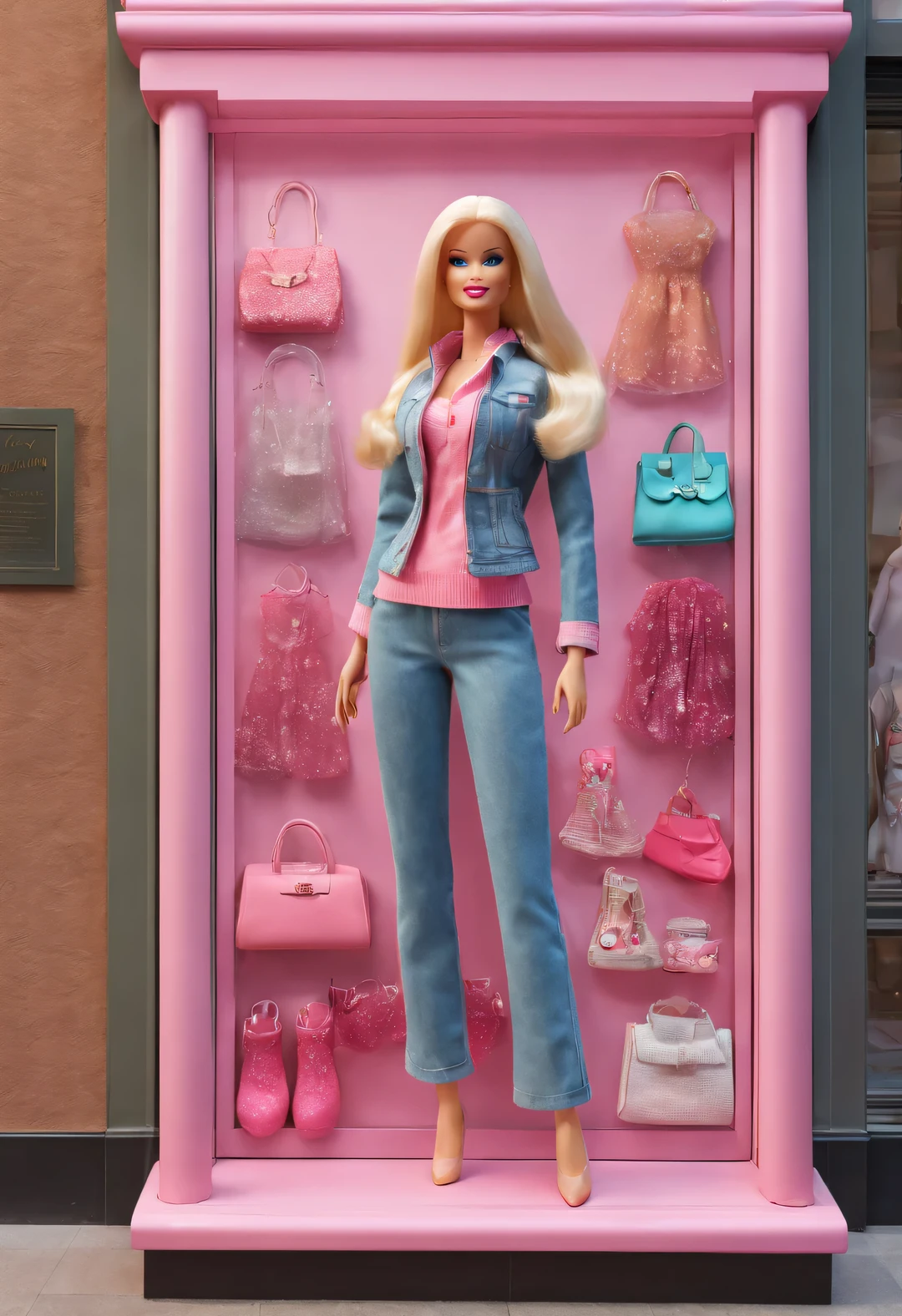 UHD, masterpiece, ccurate, high details, high quality, award winning, best quality, highres, 16k，（scenography），（Barbie doll toy store window display），3D，