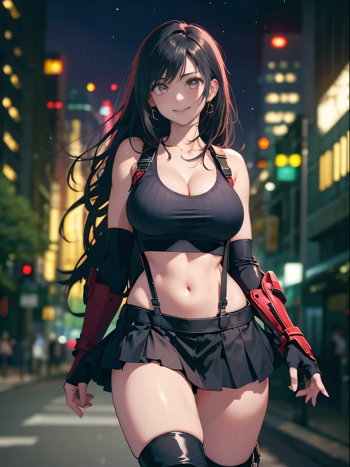 (8K, Best Quality, Masterpiece: 1.2), (Realistic, Photorealistic: 1.37), Super Detail, One Girl, Cute, Solo, (Tifa Lockhart), (Big Breasts), (Beautiful Eyes), (Smile: 1.2), Closed, Model Pose, (Green Neon), Cityscape, Depth of Field, Dark Strong Shadows, Sharp Focus, Motion Blur, Depth of Field, composition, , Final Fantasy VII, (nose brush), single elbow pads, ankle boots, black hair, red boots, elbow gloves, elbow pads, fingerless gloves, sports bra, black skirt (suspenders), white tank top: 1.5, full body, headrest, beauty face, low tie long hair, (red_eyes), (night: 1.5), complex, Cinematic Lighting, Photon Mapping, Radiosity, Physically Based Rendering, (Tetsuya Nomura style), Perfect Breast, Cleavage: 1.2,