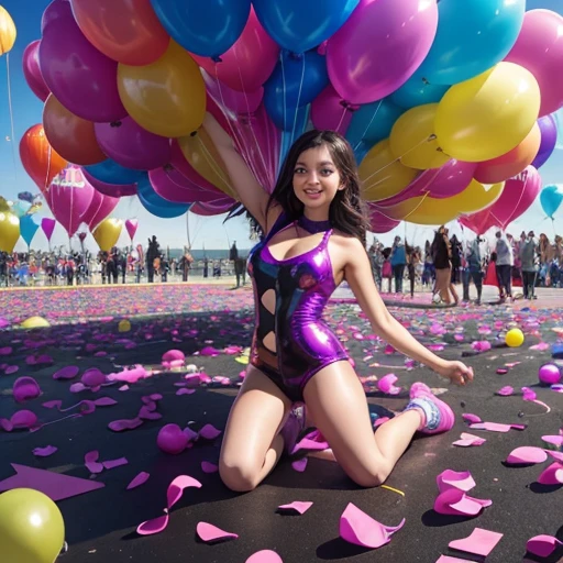 Cute 20 year old girl on the dance floor full of 10,000 very beautiful latex balloons on the ground.. Ella explota muchos globos, and the pieces of latex from the exploded balloons are left on the ground