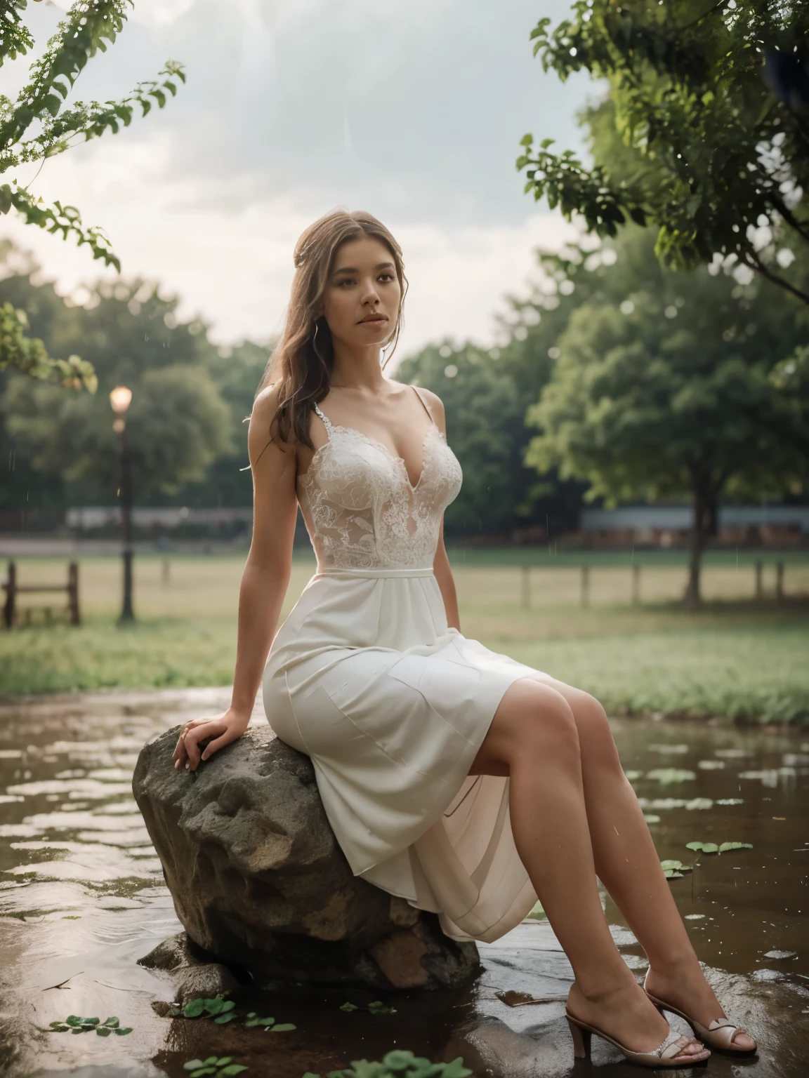 (a woman in a wedding dress,sitting on a rock),(a four-leaf clover in the rain),(best quality,4k,8k,highres,masterpiece:1.2),ultra-detailed,(realistic,photorealistic,photo-realistic:1.37),portraits,vivid colors,warm tones,soft lighting