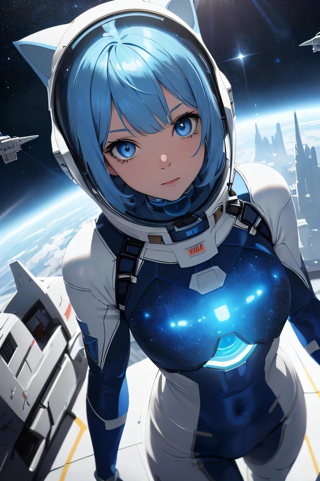 (8k, HDR, RAW photo, best quality, masterpiece:1.2, realistic lighting), seen from above view, girl on the spaceship, solo, (thin face), realistic beautiful face, very detailed face, poker face, (bob cuts hair), ((sky blue hair)), path traced hair, (sky blue cat ears), ((sky blue eyes)), beauty eyes, perfect symmetrical eyes, clear sparkling blue eyes, (flat chest), (small breast), wearing a full body spacesuit, (spacesuit helmet), (spaceship:1.3), detailed and complex busy background, surreal space, fantasy space, outer space