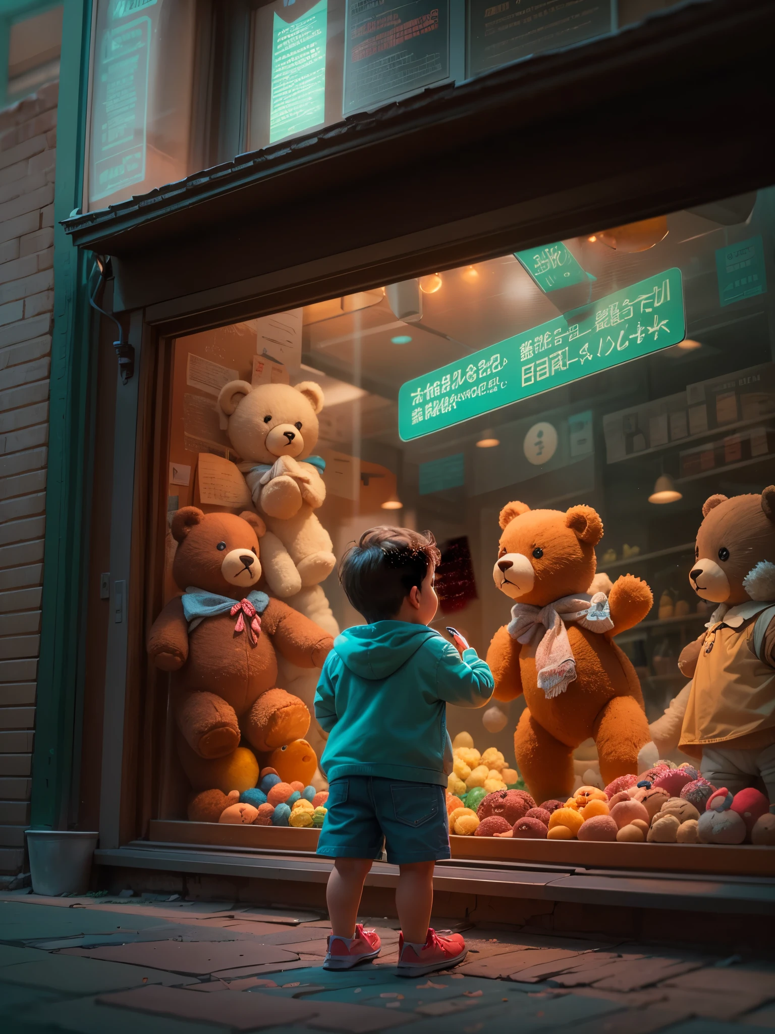 Interesting window display，Creative window display，Display of several exquisite teddy bear dolls。global illumination。particle tracking。neon lights，Colorful。8k ultra high definition 。********** standing in front of the window staring at the window。