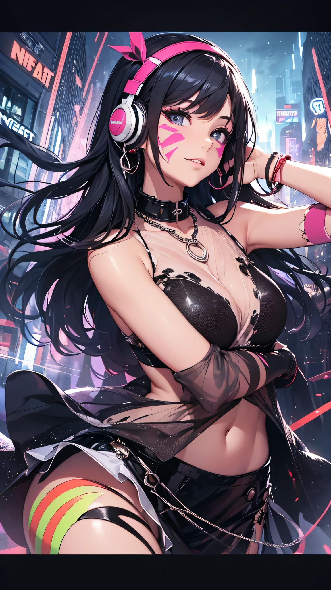 最high quality、best image quality、masterpiece、age girl((18-year-old、 by becoming、vest bust、medium bust,wide open breast tea、black eye, black hair、long hair、thin,highest valley、cute makeup、black short skirt、Red spats、fluttering hair、white navel tank top、chain accessories、headphones,dance motion,Fierce dance、best smile、Rear view、blue face paint、Yellow face paint、Pink face paint)),high quality、beautiful art、background((night club)),pieces fly、Depth of written boundary、movie、visual art、perfect art、