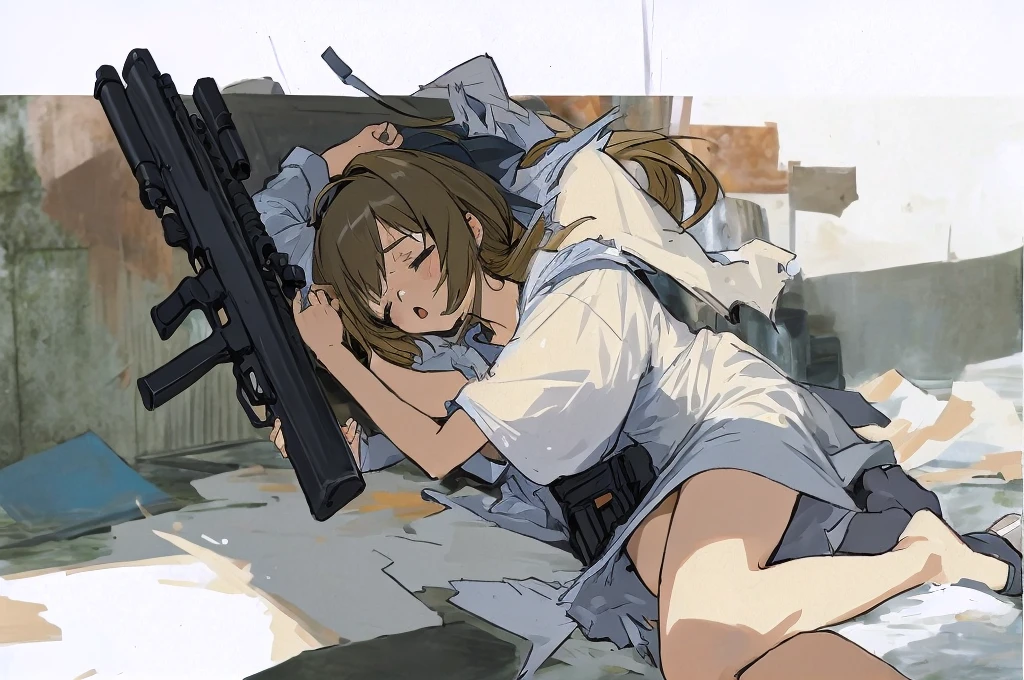anime girl with a gun, laying, white panty, torn clothes, :o, saliva, peeing, closed eyes