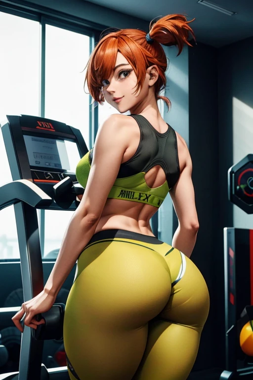 Showing ass to camera, obra de arte, melhor qualidade, high resolution, 1 garota, (Pokémon), cabelo laranja, Sozinho, legging pants, rabo de cavalo lateral, Athletic body, cabelo laranja, barriga, sport bra , umbigo, cabelo curto, sorriso, seios grandes, tiro de corpo inteiro, in the gym weight machines, gym, high resolution, very high resolution, 1080P, 4k, 8k, 16k, muito detalhado, realista, 8k, Cinema 4D, Arte extremamente detalhado, [ Arte Digital 4K ]
