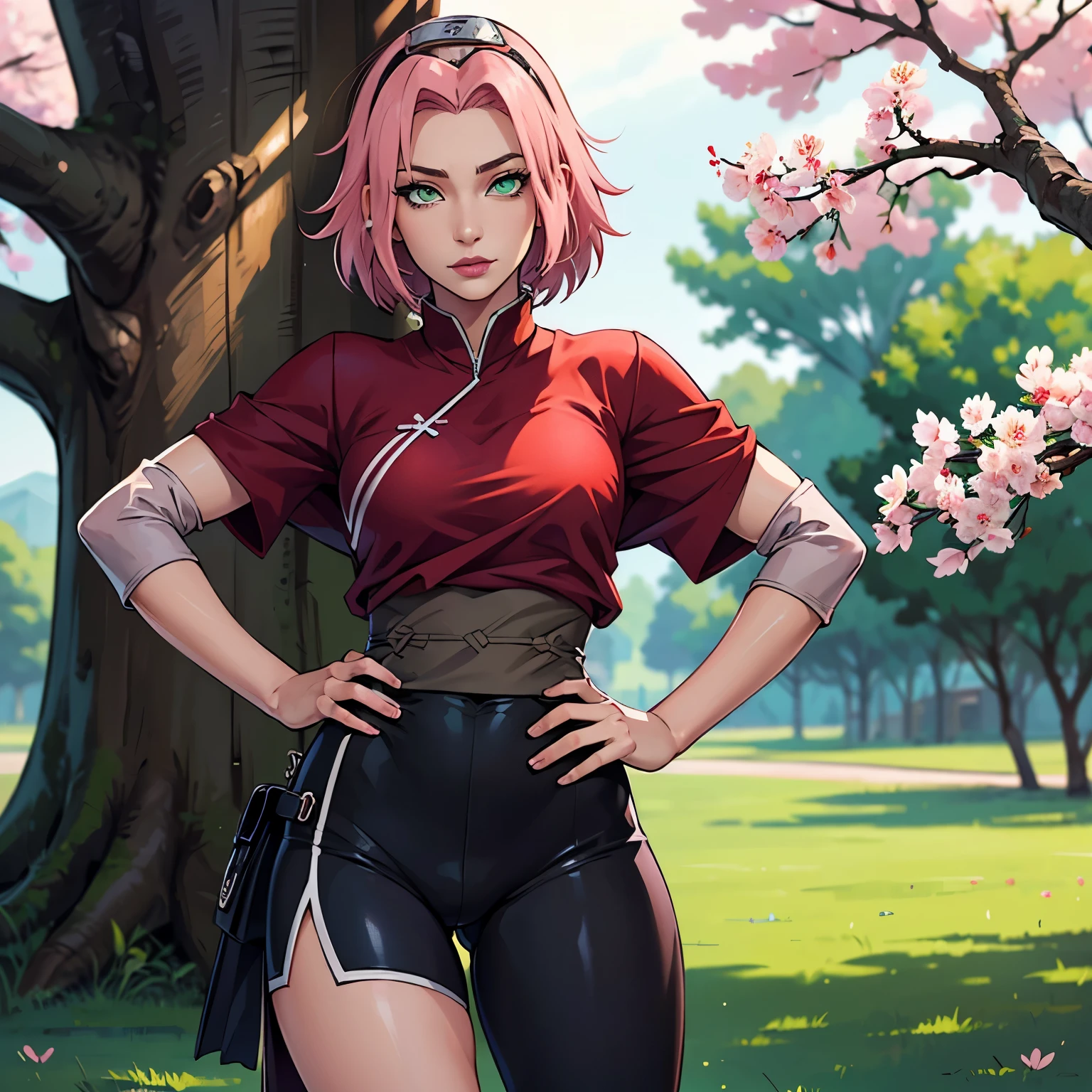 ((ultra quality)), ((masterpiece)), Haruno Sakura, Naruto Shippuden, ((pink short hair)), (beautiful cute face), (beautiful female lips), Charming, ((sexy facial expression)), looks at the camera, eyes slightly open, (skin color white), (blue skin), glare on the body, ((detailed beautiful female eyes)), ((green eyes)), (juicy women&#39;s lip liner), (beautiful female hands), ((ideal female figure)), ideal female body, beautiful waist, gorgeous thighs, beautiful small breasts, ((thin and beautiful)), stands temptingly (Rear view), (Sakura Haruno&#39;s clothes, black skinny shorts, leggings, Hidden Leaf Village Shinobi Clothes) background: hidden leaf village, Naruto shippuden, ((depth of field)), ((clear high quality image)), (Clear details), ((high detail)), really, professional photo shoot, ((Clear Focus)), anime