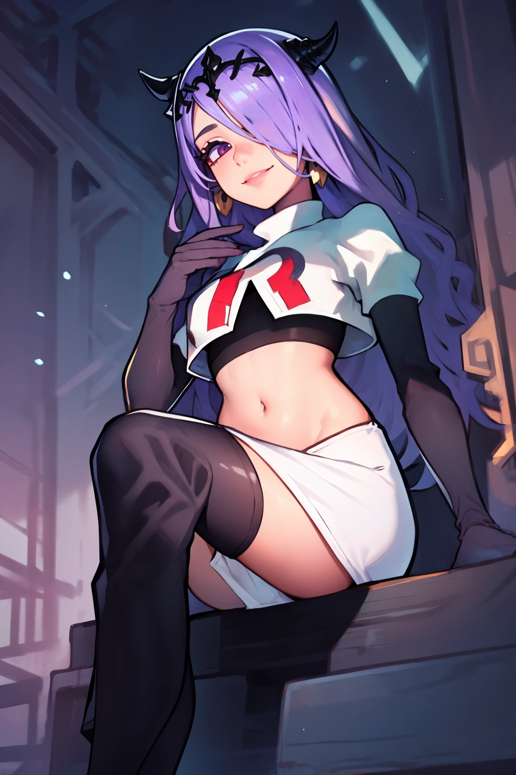 defCamilla, tiara, ,earrings ,lipstick, eye shadow, makeup ,team rocket uniform, red letter R, white skirt,white crop top,black thigh-high boots, black elbow gloves, smile, looking down on viewer, sitting ,crossed legged, night sky background