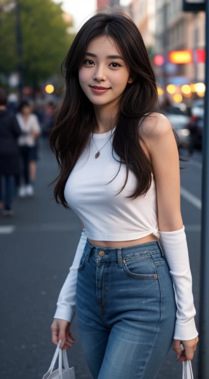 10, Masterpiece, RAW image, best quality, photorealistic, Very detailed CG Unity 8K wallpaper, depth of field, movie theater light, lens flare, Ray tracing, (very beautiful face..... , beautiful lips, beautiful eyes), complex facial details, ((ultra-detailed skin)) 1 girl, in the dark, deep shadow, beautiful girl, (The body is very slender. :1.3), ((looking at the audience)),(Big smile:1.3), Clear eyes, front shot, (pale skin), (Look very far ahead. , (upper body shot), (Brown cooked for the audience.......:1.3), Very thin, Medium bust, thick thighs, Drawstring stockings, (Random clothes: t-shirt,Jeans, Short legs, Long legs), (environment,city scenery ,In front of the café)