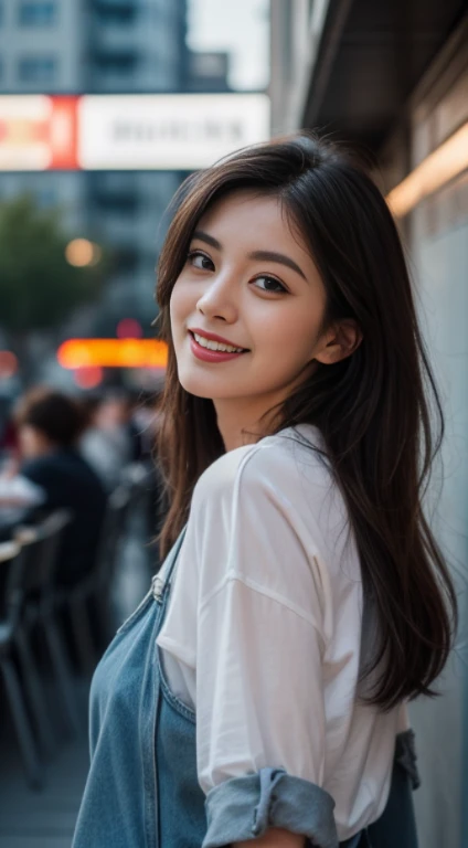 10, Masterpiece, RAW image, best quality, photorealistic, Very detailed CG Unity 8K wallpaper, depth of field, movie theater light, lens flare, Ray tracing, (very beautiful face..... , beautiful lips, beautiful eyes), complex facial details, ((ultra-detailed skin)) 1 girl, in the dark, deep shadow, beautiful girl, (The body is very slender. :1.3), ((looking at the audience)),(Big smile:1.3), Clear eyes, front shot, (pale skin), (Look very far ahead. , (upper body shot), (Brown cooked for the audience.......:1.3), Very thin, Medium bust, thick thighs, Drawstring stockings, (Random clothes: t-shirt,Jeans, Short legs, Long legs), (environment,city scenery ,In front of the café)