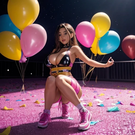 Cute 20 year old girl on the dance floor full of 10,000 very beautiful latex balloons on the ground..... Ella explota muchos globos, and the pieces of latex from the exploded balloons remain on the ground. He really likes to burst the pretty latex balloons.. Globos de helio y con aire, chica muy guapa grandes tetas . Many more balloons 