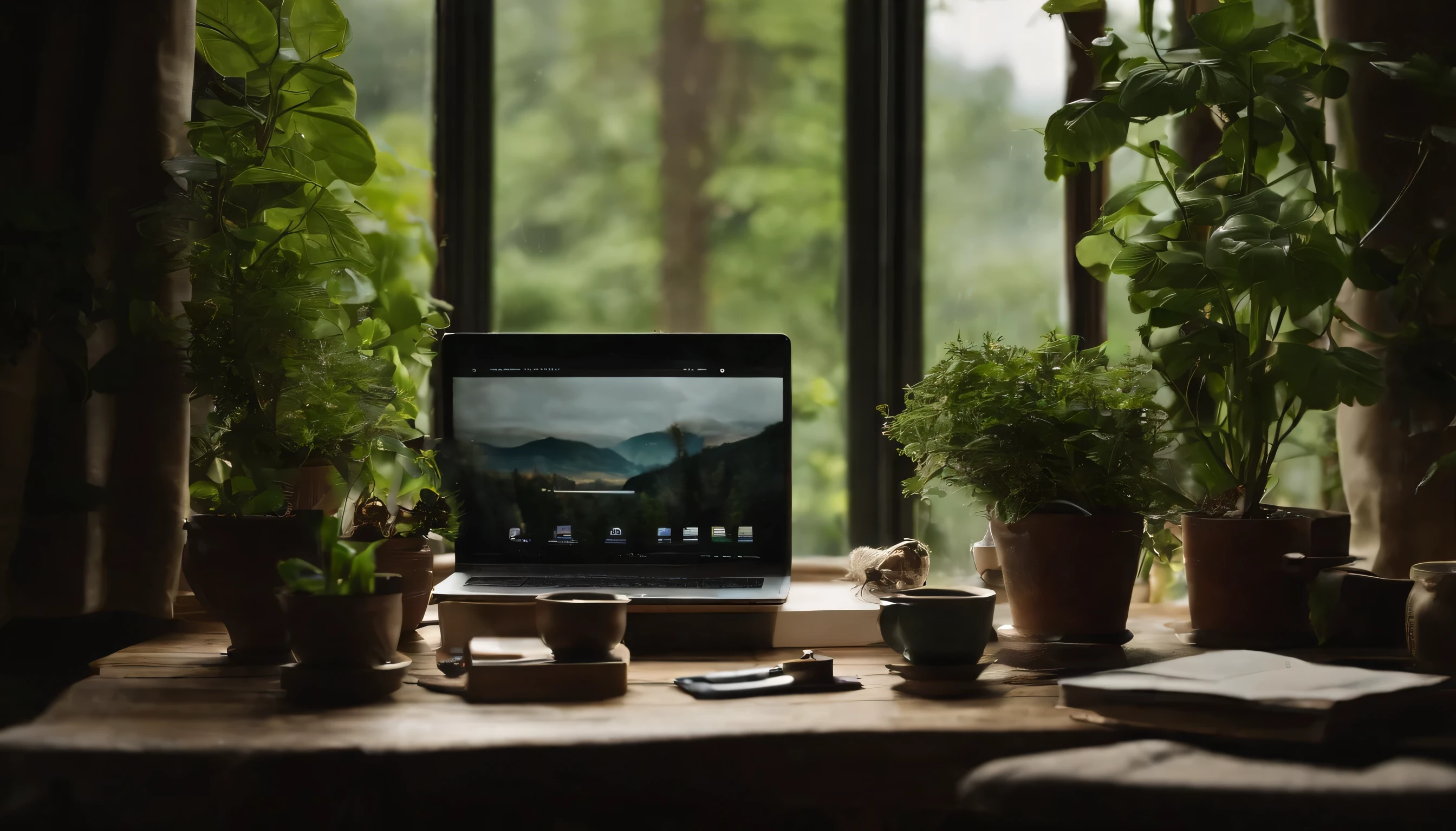 artist'There are some plants on the desk, books, , laptop, shelf, drawer, You can see the green scenery outside the window, view straight on