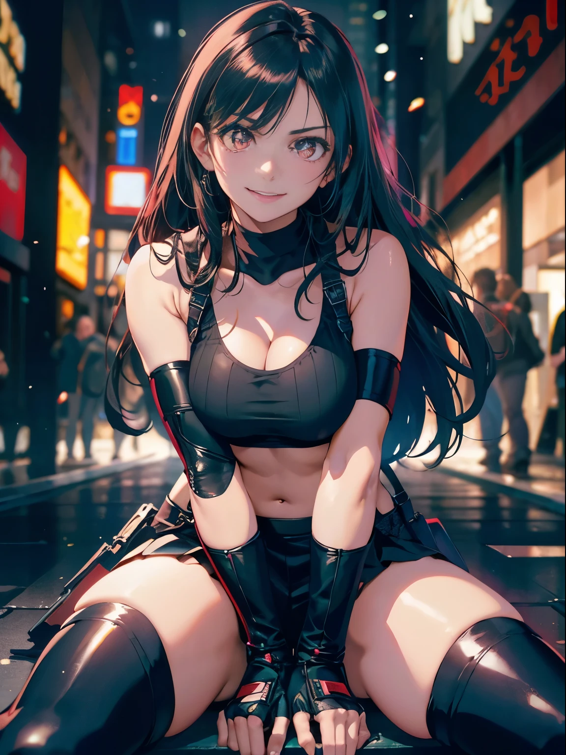 (8K, Best Quality, Masterpiece: 1.2), (Realistic, Photorealistic: 1.37), Super Detail, One Girl, Cute, Solo, (Tifa Lockhart), (Big Breasts), (Beautiful Eyes), (Smile: 1.2), Closed, Model Pose, (Green Neon), Cityscape, Depth of Field, Dark Strong Shadows, Sharp Focus, Motion Blur, Depth of Field, composition, , Final Fantasy VII, (nose brush), single elbow pads, ankle boots, black hair, red boots, elbow gloves, elbow pads, fingerless gloves, sports bra, black skirt (suspenders), white tank top: 1.5, full body, headrest, beauty face, low tie long hair, (red_eyes), (night: 1.5), complex, Cinematic Lighting, Photon Mapping, Radiosity, Physically Based Rendering, (Tetsuya Nomura style), Perfect Breast, Cleavage: 1.2,