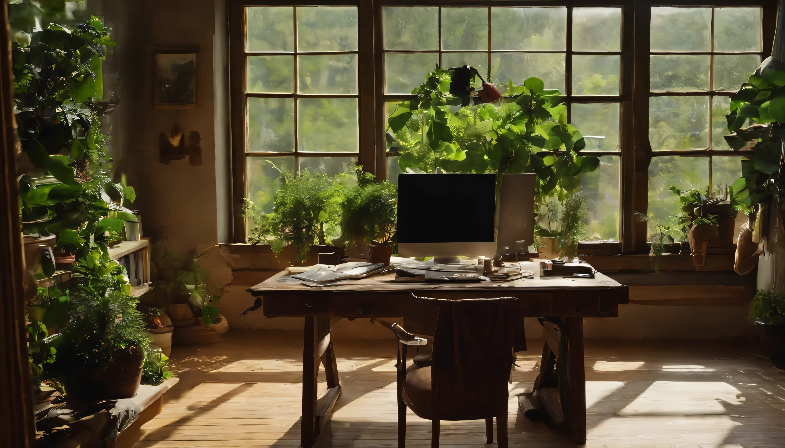 artist'There are some plants on the desk, books, , laptop, shelf, drawer, You can see the green scenery outside the window, view straight on