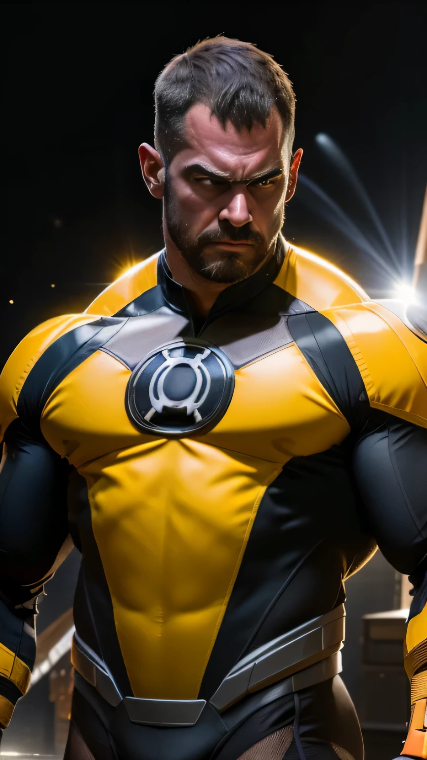 An award-winning original photo，A wild muscular man, (30 years old man:1.3), 1boy, Solo, (wearing a (yellow lantern) metal suit), (yellow ring on a finger), spikes, neon stripes, black hair, (big shoulder), muscular, hunk,  stubbles, Short beard, (Detailed face:1.3), (beautiful eyes:1.2), really angry, Dynamic Angle, volumetric lighting, (Best quality, A high resolution, Photorealistic), Cinematic lighting, Masterpiece, RAW photo, Intricate details, hdr, depth of field, upper body shot, in space background