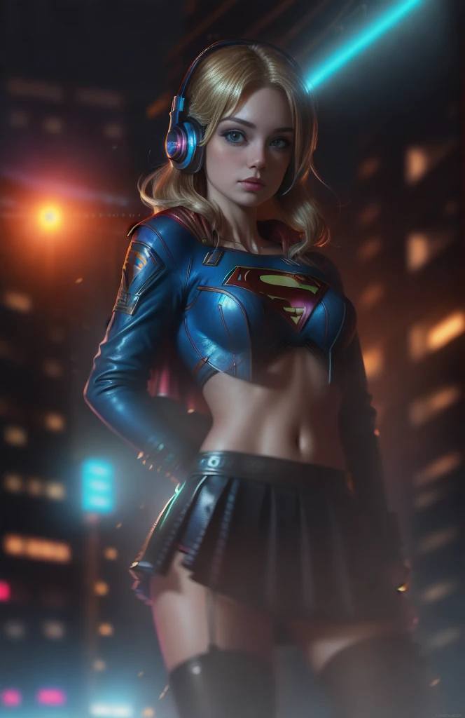 Best quality, realistic, blonde, award-winning Supergirl illustration, (complicated detail: 1.2), (fine detail), (complicated detail), (cinematic lights, best quality backlight), sharp lines, sharp focus, official art, unit 8k wallpaper, absurd, unbelievably absurd, huge file size, ultra- (in_main_street:1.21), (neon lamp), fantasy art, rtx,(( closeup photo by award-winning studio)), 1Supergirl, very pretty, (shut up), small breasts, ((Cyberpunk city Street, Battle Maiden)), perfect hands, beautiful detailed blue eyes, Perfect Face, (Cyberpunk blouse, leather jacket, Martin boots) ,,(headphones_around_hair),((pleated skirt) ), ((supermodel pose)),