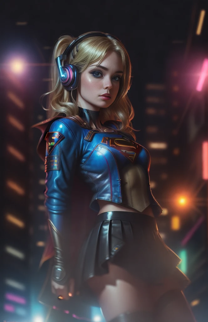 Best quality, realistic, blonde, award-winning Supergirl illustration, (complicated detail: 1.2), (fine detail), (complicated detail), (cinematic lights, best quality backlight), sharp lines, sharp focus, official art, unit 8k wallpaper, absurd, unbelievably absurd, huge file size, ultra- (in_main_street:1.21), (neon lamp), fantasy art, rtx,(( closeup photo by award-winning studio)), 1Supergirl, very pretty, (shut up), small breasts, ((Cyberpunk city Street, Battle Maiden)), perfect hands, beautiful detailed blue eyes, Perfect Face, (Cyberpunk blouse, leather jacket, Martin boots) ,,(headphones_around_hair),((pleated skirt) ), ((supermodel pose)),