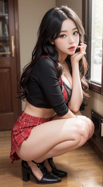1 beautiful woman, long hair, black hair, braided hair, Crop top,(cleavage), Mini skirt, posing on her knees, (on knees), (begging), open mouthed, (tongue out), ((pov)), ((eye contact)), (looking at viewer), (wide eyes),(green eyes), eager, receptive, wanting