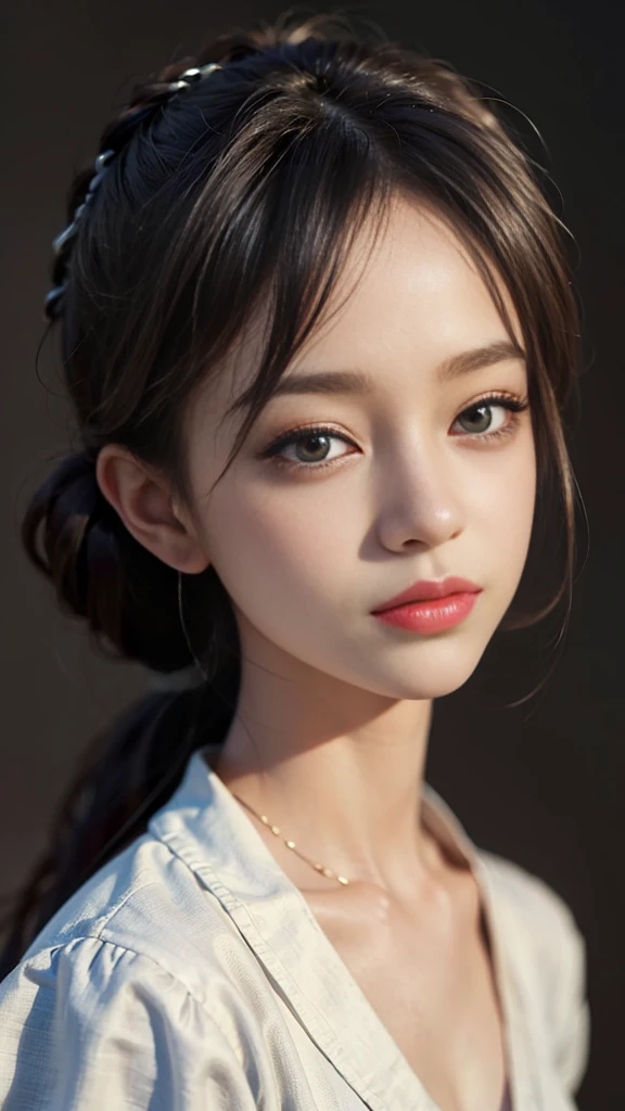 ((Masterpiece:1.4)、(Highest quality:1.4)、(realistic:1.7))、Masseter piece:1.4、kawaii girl、Portrait of a young woman、Close-up、Upper body photography、Beautiful face、kawaii face、Detailed eyes、Draw the eyes clearly., Beautiful and attractive eyes、small waist、Ponytail、raw photos、red lips、1 display、