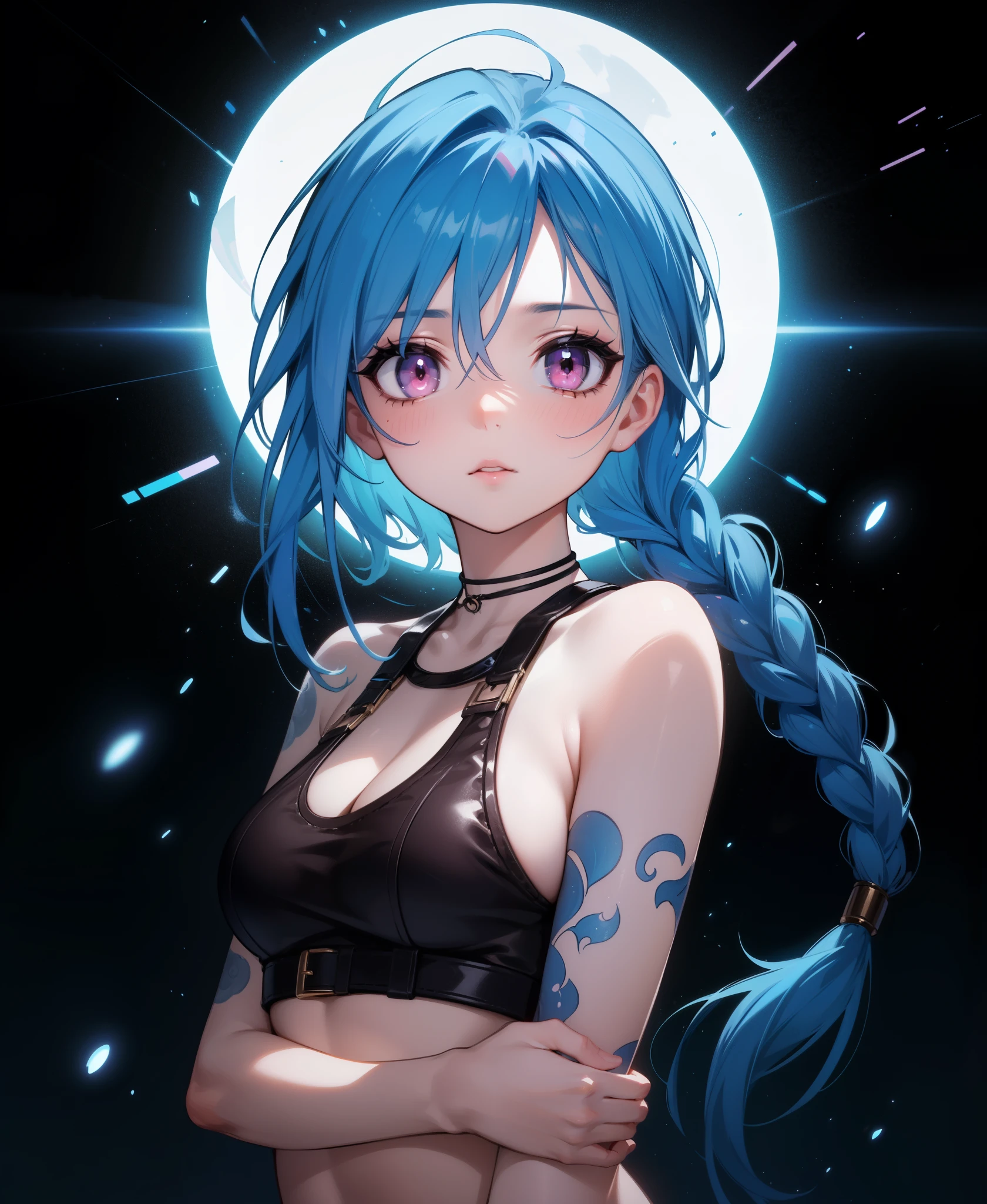 (full body, portrait), illustration of (jinxlol, 1girl), (shiny pink eyes, blue hair), medium breasts, arm tattoo, stomach tattoo, (blood on face:1.2), (best quality, high-quality, masterpiece:1.2, most detailed illustration, HD wallpaper, 4k full HD, very detailed eyes), (ecstasy of light and shadow, volumetric light and shadows, light particles, bloom), (contest winner illustration), by lee jeffries