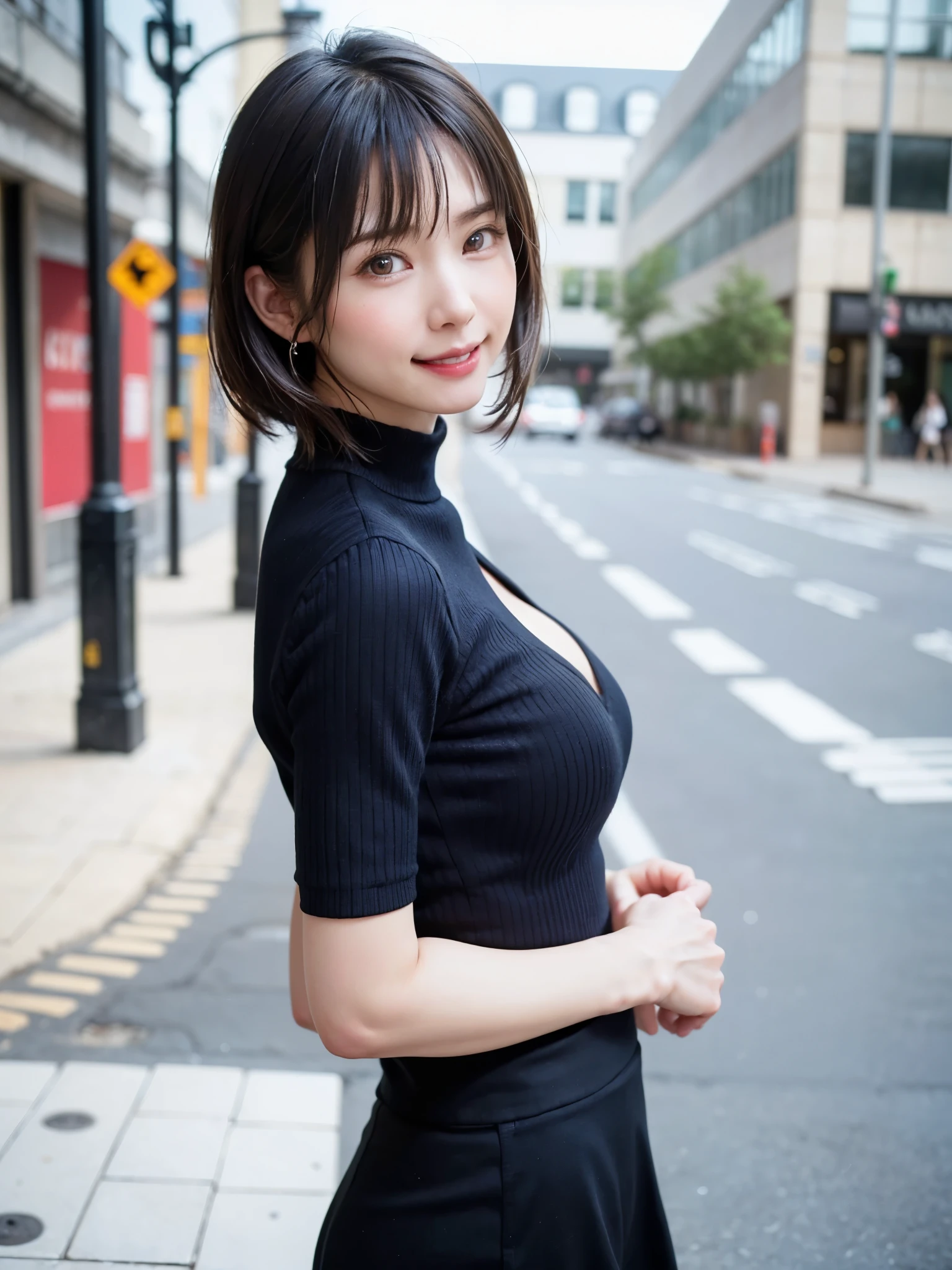 (masterpiece, highest quality),1 girl, alone, hyper realistic, realistic,realistic, looking at the viewer, light brown eyes:1.4,Brunette short bob hair with highly detailed shiny hair, bright colored winter clothes, lepangas:1.4), outdoor, closed mouth, Upper body、big chest eye、eyelash、{hugeな|big chest|hugeなな|mega} overall small chest:2, cleavage:2、(((big chest eye、short bob hair、Highlights from students、look at the audience、she is very beautiful and cute、show me your ears、long neck、smile、Close your mouth and smile、bangs beautiful teeth)))、ideal body proportions、（Snow-covered tree-lined street in Norway in winter）、美しいlong neck:1.4、{huge|big|hugeな|mega} chest, cleavage