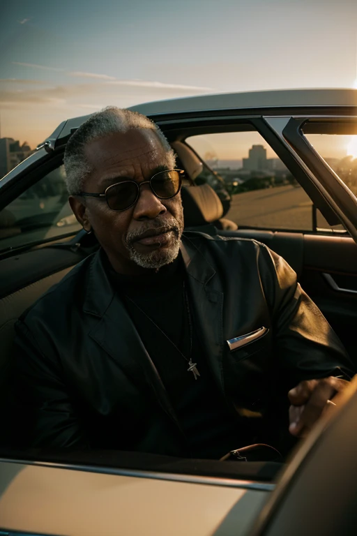 Cadillac Coupe Deville, San Francisco skyline, sunset, RAW, und, 70-year-old black man named George, glasses, dslr, ultra quality, sharp focus, tack sharp, film grain, Fujifilm XT3, detailed skin pores, tan, eye detail