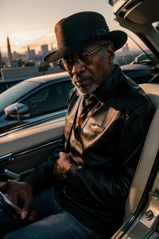 Cadillac Coupe Deville, San Francisco skyline, sunset, RAW, und, 70-year-old black man named George, glasses, dslr, ultra quality, sharp focus, tack sharp, film grain, Fujifilm XT3, detailed skin pores, tan, eye detail