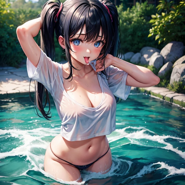 one girl,Blue twin tails,beautiful eyes,anime girl,sticking out tongue,Wearing a shirt over naked body,Photo from the front,Water flows from the mouth,body is wet,erotic eyes