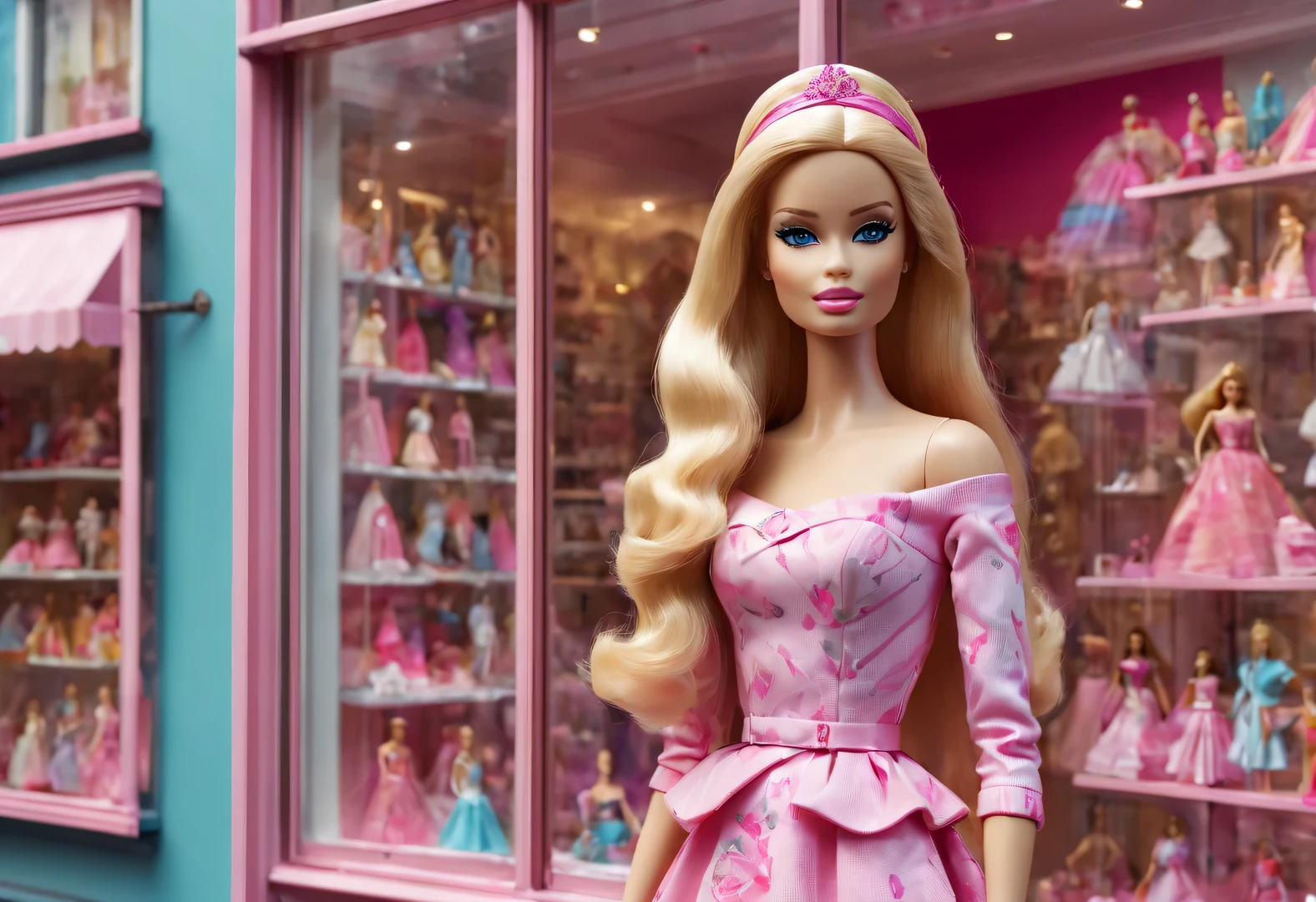 UHD, masterpiece, ccurate, high detail, high quality, award winning, best quality, highres, 16k,(scenography),(Barbie doll toy store window display),3D,