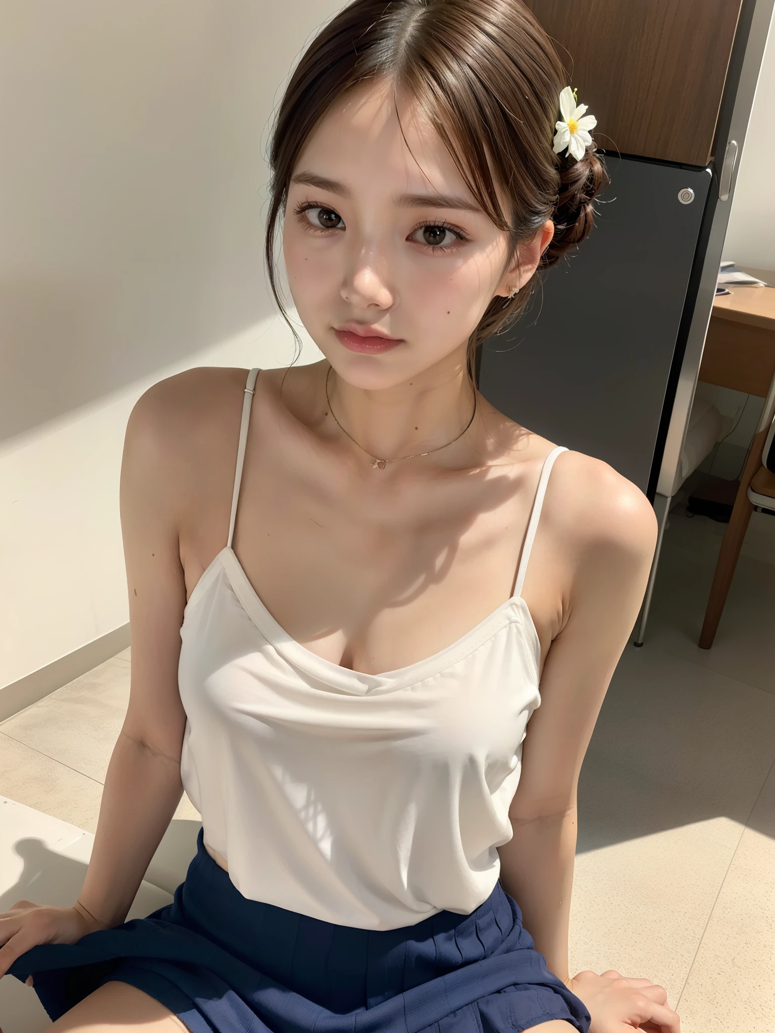 (camisole, mini-skirt, thigh: 1.4), Small breasts, flat chest, (Sitting, spread legs: 1.2), ((of the highest quality, 8K, masutepiece: 1.3, Raw photo)), Sharp Focus: 1.2, (1 AESPA Girl :1.1), (Solo: 1.12), (Realistic, Photorealistic: 1.37), (Face Focus: 1.1), Cute face, hyperdetailed face, Short messy hair, updo, classroom, flower, cell phone