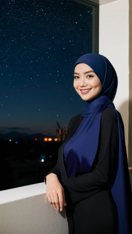 half body view, a malay woman named mira is wearing dark blue shawl, outdoor, sexy pose, starry sky, firm round breasts, smile, at night in a malay village, blackout, a single candle light illuminates the room, no interior lighting, dark ambient, masterpiece, 8K, absurdres