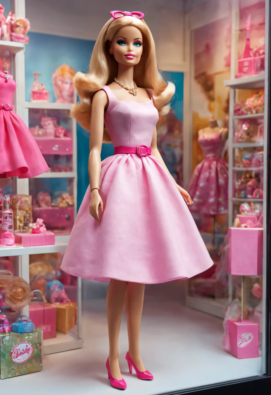 UHD， masterpiece， ccurate， high detail， high quality， award winning， best quality， highres， 16k，（scenography），（Barbie doll toy store window display），3D，