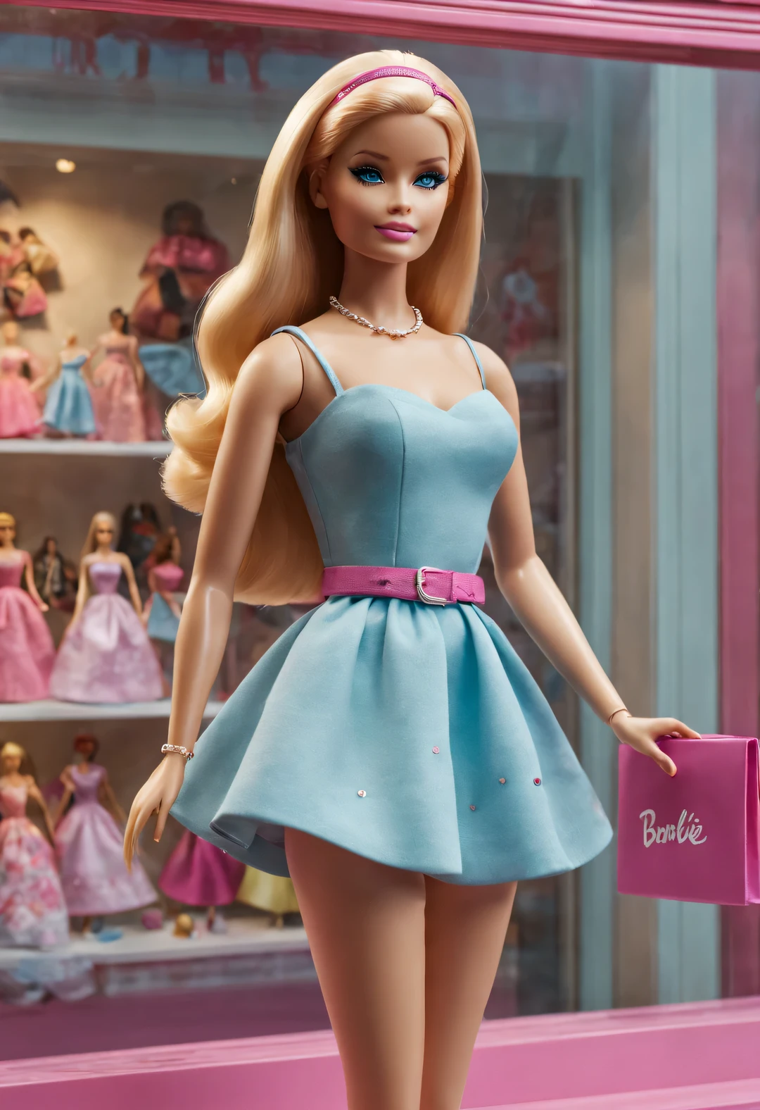 UHD， masterpiece， ccurate， high detail， high quality， award winning， best quality， highres， 16k，（scenography），（Barbie doll toy store window display），3D，